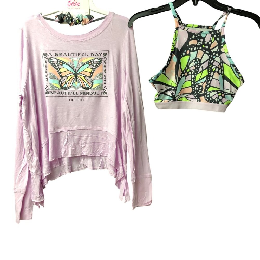 Justice Girls Collection X Long Sleeve 2-Fer Swing w/ hair tie Shirt 12-14 NWT